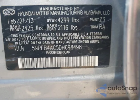 2013 Hyundai Sonata Gls из США, поврежденный, VIN 5NPEB4AC5DH698498